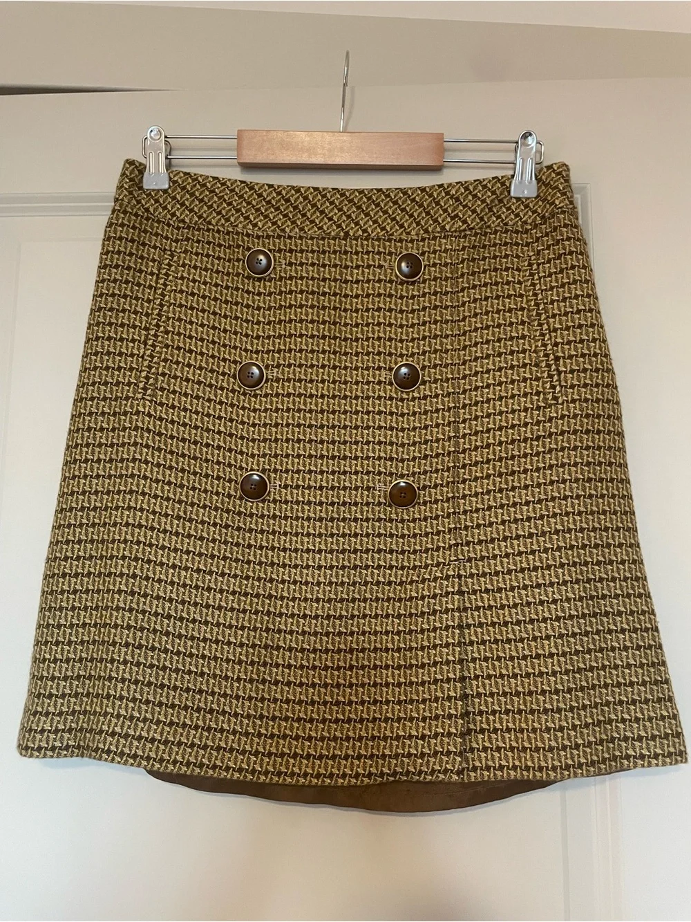 LOFT Olive Houndstooth Fall Mini Skirt with Double-Breasted Buttons